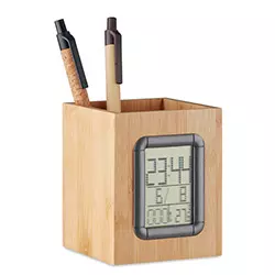 portapenne personalizzato ecosostenibile in legno con orologio e calendario elettronico incorporato