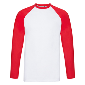 Maglietta personalizzabile uomo maniche lunghe in cotone 170gr Fruit of the Loom VALUEWEIGHT LONG SLEEVE BASEBALL T 610280 - Bianco - Rosso