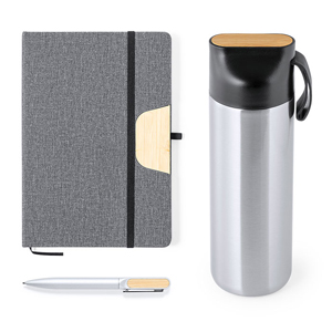 Set regalo con thermos acciaio quaderno e penna HALDERAN MKT1341 - Neutro