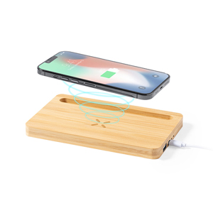 Caricatore wireless personalizzato con supporto per smartphone in bamboo LOUBRON MKT1438 - Neutro