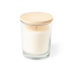 Candela aroma vaniglia in vetro e legno BAYAR MKT2703 - Bianco