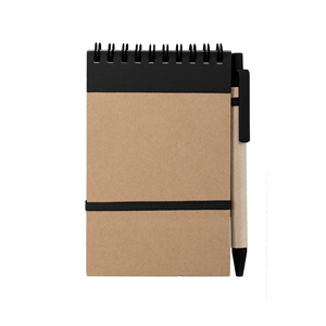 Block notes personalizzato con copertina in cartone riciclato e penna in formato A6 ECOCARD MKT3190 - Nero