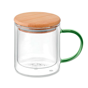 Tazza in vetro doppio strato con coperchio in bamboo da 300 ml FARBI MO2200 - Verde Traslucido