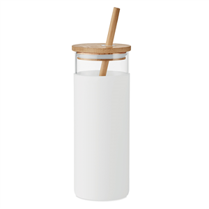 Bicchiere vetro con cannuccia e coperchio in legno 450ml STRASS MO6352 - Bianco