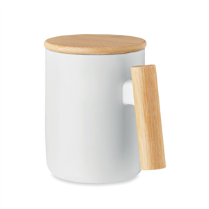 Tazza personalizzata in ceramica con coperchio e manico in legno 380 ml MAJEST MO6781 - Bianco