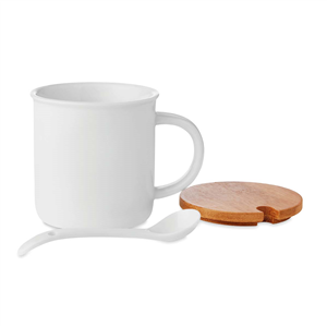 Tazza personalizzata in ceramica con coperchio in legno e cucchiaino 380ml. KENYA MO9708 - Bianco