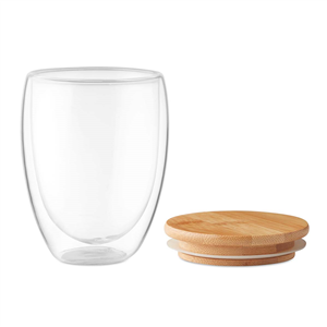 Bicchiere termico in vetro doppio strato con coperchio in bamboo 350ml TIRANA MEDIUM MO9720 - Trasparente
