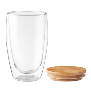 Bicchiere termico in vetro doppio strato con coperchio in bamboo 450 ml TIRANA LARGE MO9721 - Trasparente