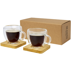 Set di 2 tazzine in vetro a doppia parete da 100 ml con sottobicchiere in bamboo Manti PF113314 - Trasparente - Natural