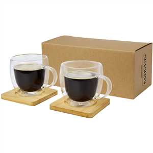 Set di 2 tazze in vetro a doppia parete da 250 ml con sottobicchiere in bamboo Manti PF113315 - Trasparente - Natural