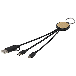 Cavo di ricarica personalizzato6 in 1 in plastica riciclata/bambù con portachiavi Tecta PF124325 - Nero 