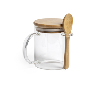 Tazza vetro borosilicato personalizzabile con cucchiaino e coperchio in legno 420 ml KIPAL MKT6481