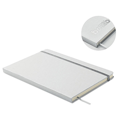Taccuini personalizzabili con logo abbianto a elastico, formato A5, con copertina in cartone del latte riciclato bianco, ROUTE WHITE