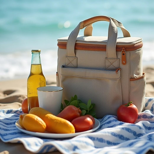 borsa termica con lattine su sfondo neutro
