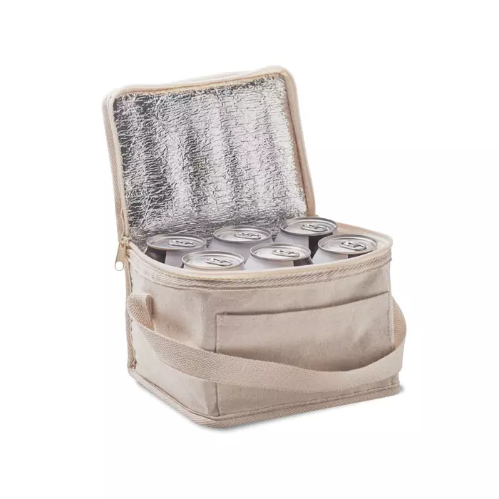 Borsa termica con lattine all'interno su sfondo neutro Borsa termica con lattine all'interno su sfondo neutro