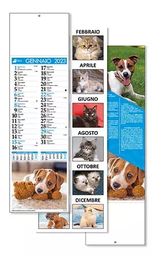 calendari personalizzati con logo cuccioli cani e descrizione razze sul retro