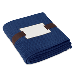 plaid personalizzato di colore blu con fascia su sfondo neutro