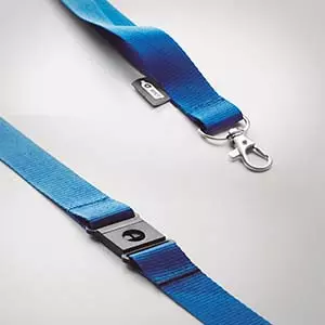 lacci da collo in materiale riciclato Rpet blu con moschettone in ferro e sgancio rapido lacci da collo in materiale riciclato Rpet blu con moschettone in ferro e sgancio rapido