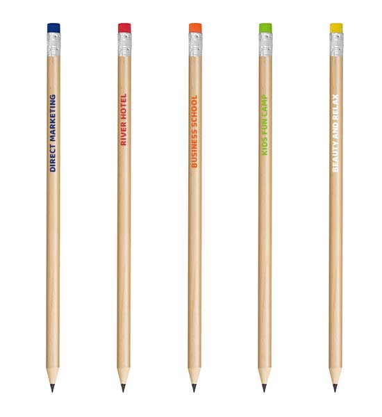 matite-personalizzate in legno, con gomma in diversi colori, rosso, blu, arancione, giallo e verde lime
