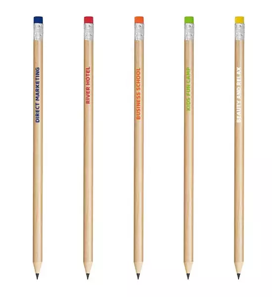 matite-personalizzate in legno, con gomma in diversi colori, rosso, blu, arancione, giallo e verde lime