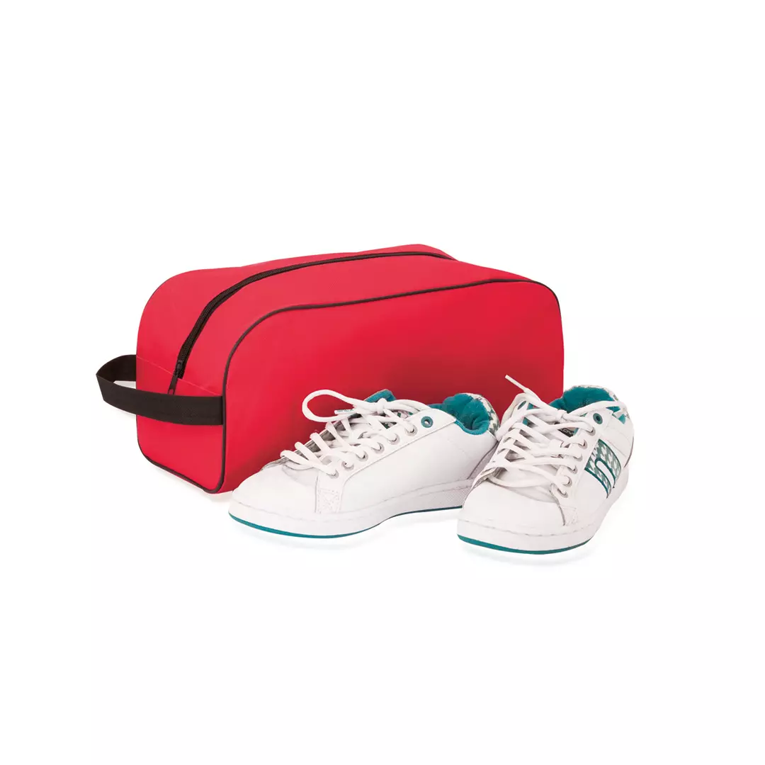 sacca portascarpe di colore rosso con rifiniture nere con scarpe bianche sacca portascarpe di colore rosso con rifiniture nere con scarpe bianche